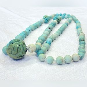 Vtg Chinese Export Carved Turquoise Ball Bead Necklace 34”